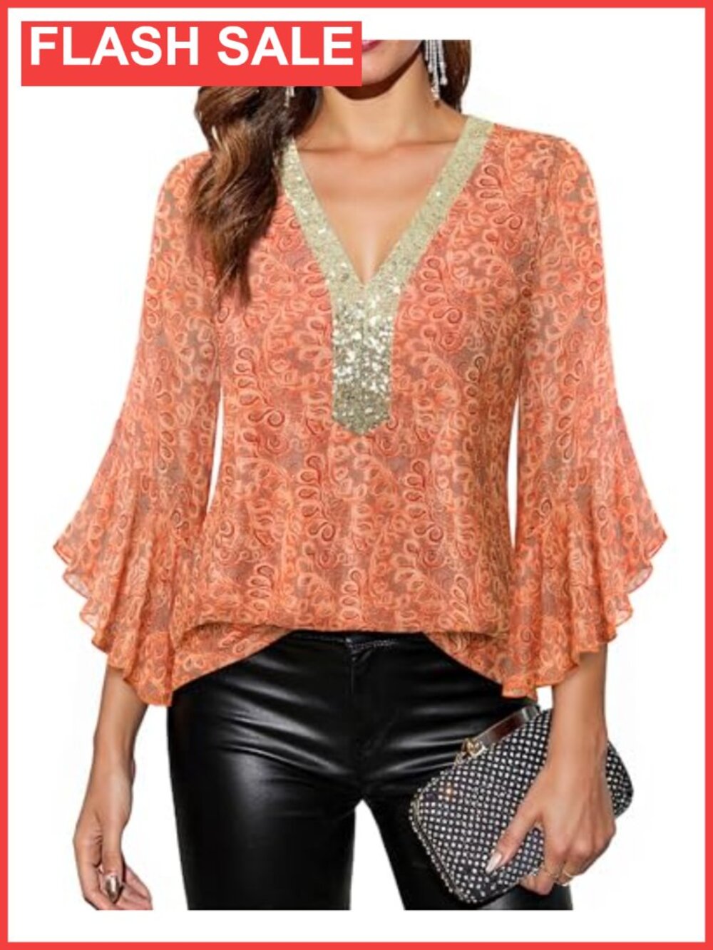 Women's Sequin V Neck Blouse 3/4 Ruffle Sleeve Sparkly Dressy Top